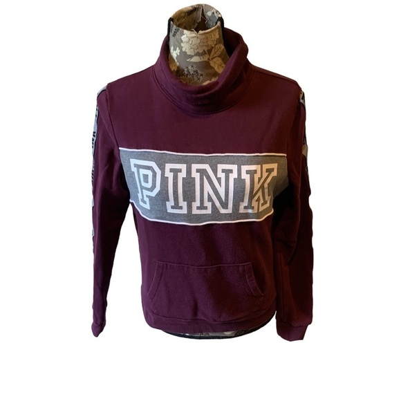 VICTORIA SECRET PINK Logo Burgundy Cowlneck Sweatshirt size small - Picture 2 of 7